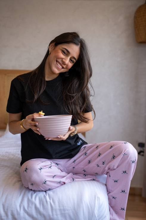 Women summer pajama set Black T-shirt + Rose Dog Pants